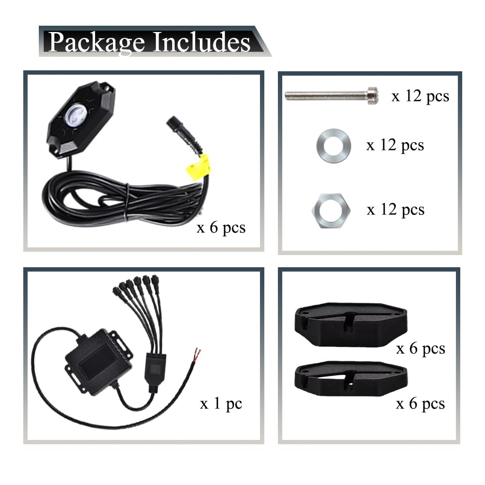 Riloer Luci LED RGB Rock, 6 pezzi, controllo tramite app Bluetooth, compatibili con auto, camion, ATV, SUV, 12 V DC, LED, cambia colore, impermeabile IP68