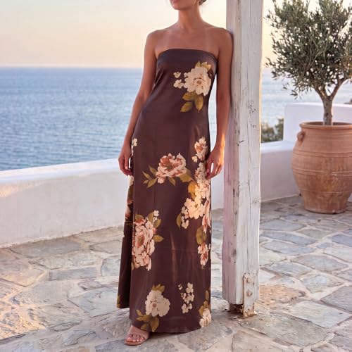 Image of Zwirelz Women Strapless Maxi Dress Boho Floral Print Flowy Long Tube Dress Off Shoulder Loose Beach Sundress