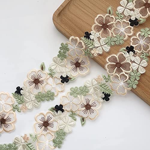 Organza 3D Flower Lace Trim , Green And Beige Embroidery Floral Lace Ribbon For Dress /Wedding/Bridal Diy Sewing Decoration,2Yard #TOP12