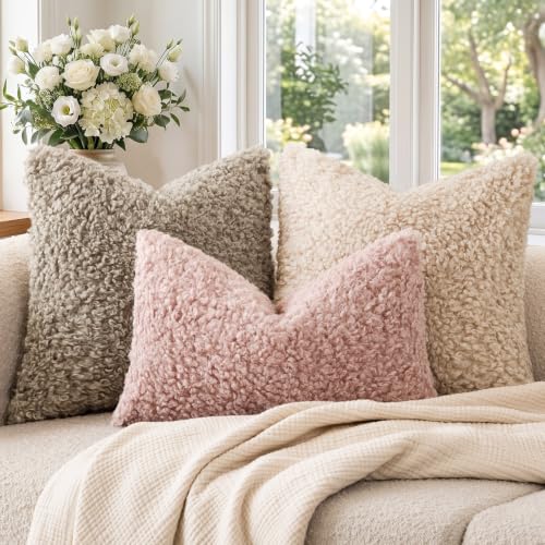 Image of Foindtower Set of 2 Curly Teddy Wool Pillow Covers Decorative Boucle Textured Lumbar Throw Pillow Faux Fur Sherpa Pillowcases Sheepskin Fuzzy Cushion Case for Sofa Bedroom Car 12 inchx20 inch Dusty Rose