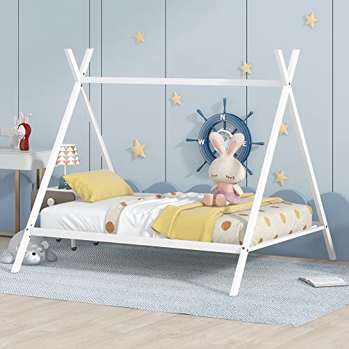 Citylight Full Metal Bed Frame For Kids, Montessori Beds, Metal Tent Bed With Slat, Toddler Bed, Playhouse Full Size Bed For Toddler, Kids, Girls & Boys No Spring Box Needed (Full, White) #TOP10