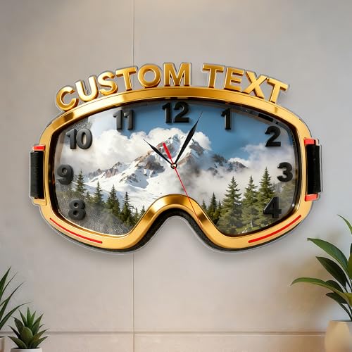 HCLRIU Reloj de Pared Personalizado con Forma de Gafas de Esquí, Decoración de Pared Acrílica 2D para el Hogar, Admite Nombres Personalizados, Regalo de Cumpleaños para Los Amantes del Esquí