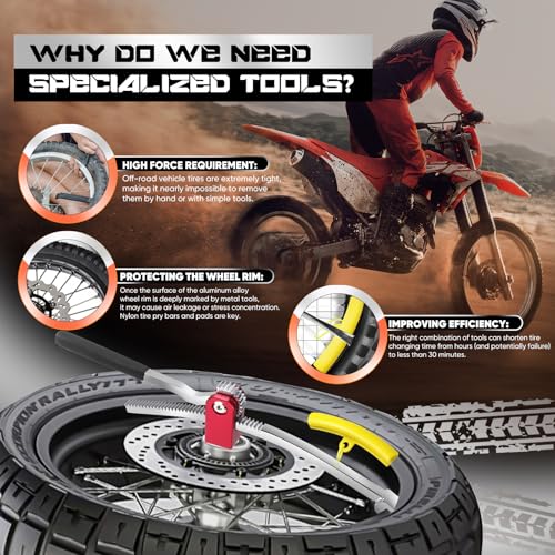Image of Dirt Bike Tire Changing Tool Kit Complete Package for Motocross, Enduro, Dirt Bikes 16 inch to 21 inch Wheels, Includes 15 /17 /20 /25mm Axles, Colorful