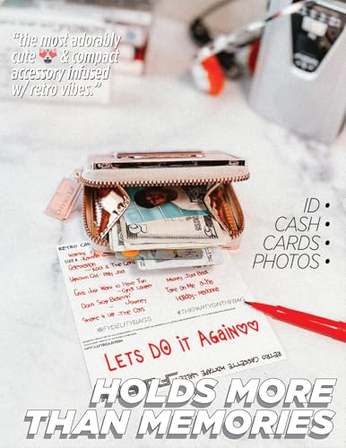 Vegan Leather Zipper Wallet, Cassette Tape Design, Credit Card Holder, Women's Cute Wallet, Retro Wallet, Rose Gold Chrome, 70264 AA3