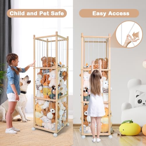 Image of Stuffed Animal Storage, Wood Stuffed Animal Zoo Storage with Brake Wheels, Space Save Toy Organizer, Large Capacity Stuffed Animal Holder, Perfect for Nursery Playroom Kidroom Bedroom