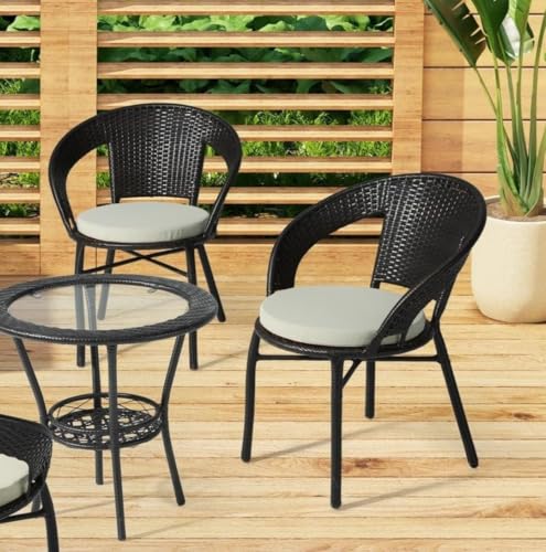 Image of PRATHAM India 2+1 Outdoor Indoor Patio Set Bistro Set Rattan Set Lawn Balcony Hall Outdoor Garden Chair Table Set (Black Chair & Cream Cushion)
