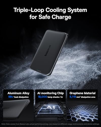 Image of Baseus Picogo Power Bank, 0.3 inch Ultra Slim 5000mAh MagSafe Battery Pack, Upgraded Polished Alloy Magnetic Portable Charger, Wireless Charger with USB-C Cable for iPhone 17 Pro Max /17 Air /16 /15 /14 /13 /12