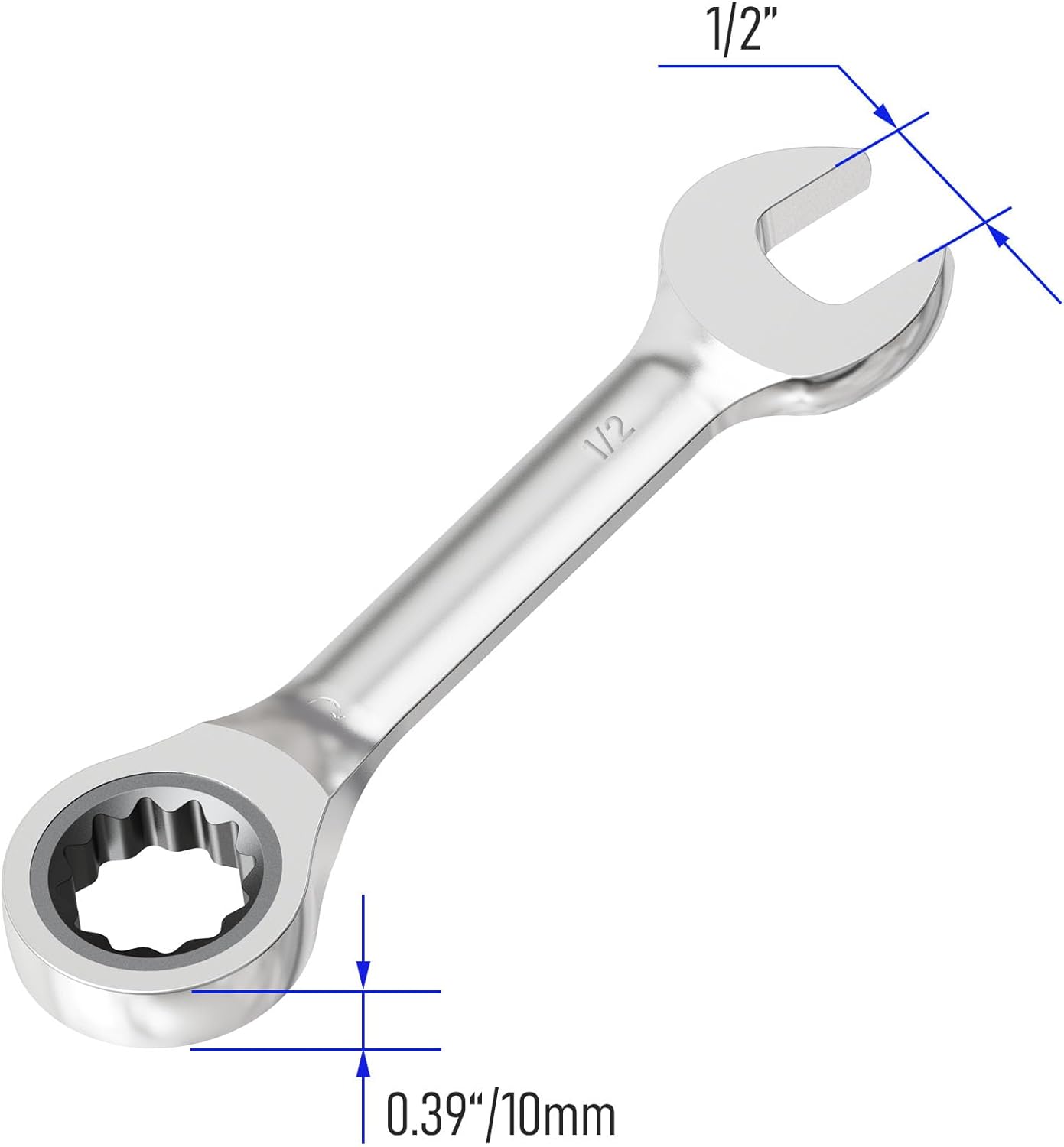 1/2 Inch Anti-slip Stubby Ratcheting Combination Wrench SAE 72 Teeth 12 Point Ratchet Box Ended and Open End Spanner Tools for Tight Space, Heat-Treated CR-V