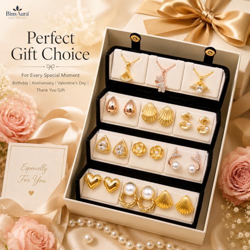 Image of BinsAura 12 Piece Jewellery Gift Set for Women with Premium Jewellery Box | 9 Korean Stud, Hoop & Drop Earrings + 3 Pendant Necklace Set | Fashion Jewellery Combo for Girls | Birthday, Anniversary, Wedding Gift