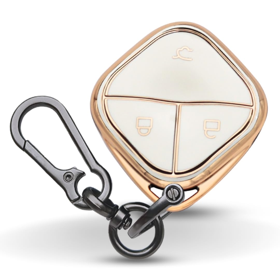 Keycept™ Gold Line TPU Cover Suitabale For MG Comet 3 button Smart Key with Keychain. (Type 1, White)