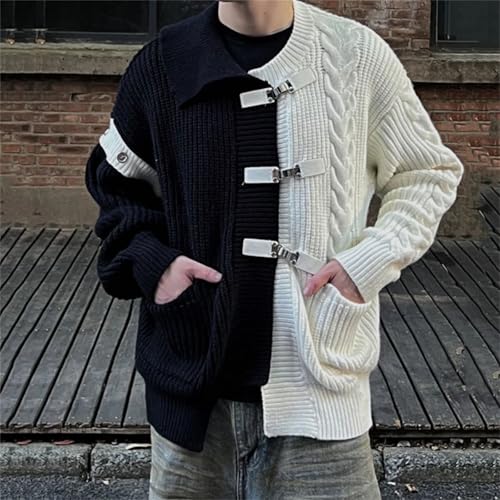 Men Contrast Color Patchwork Knitted Cardigan Buttons Lapel Tops3