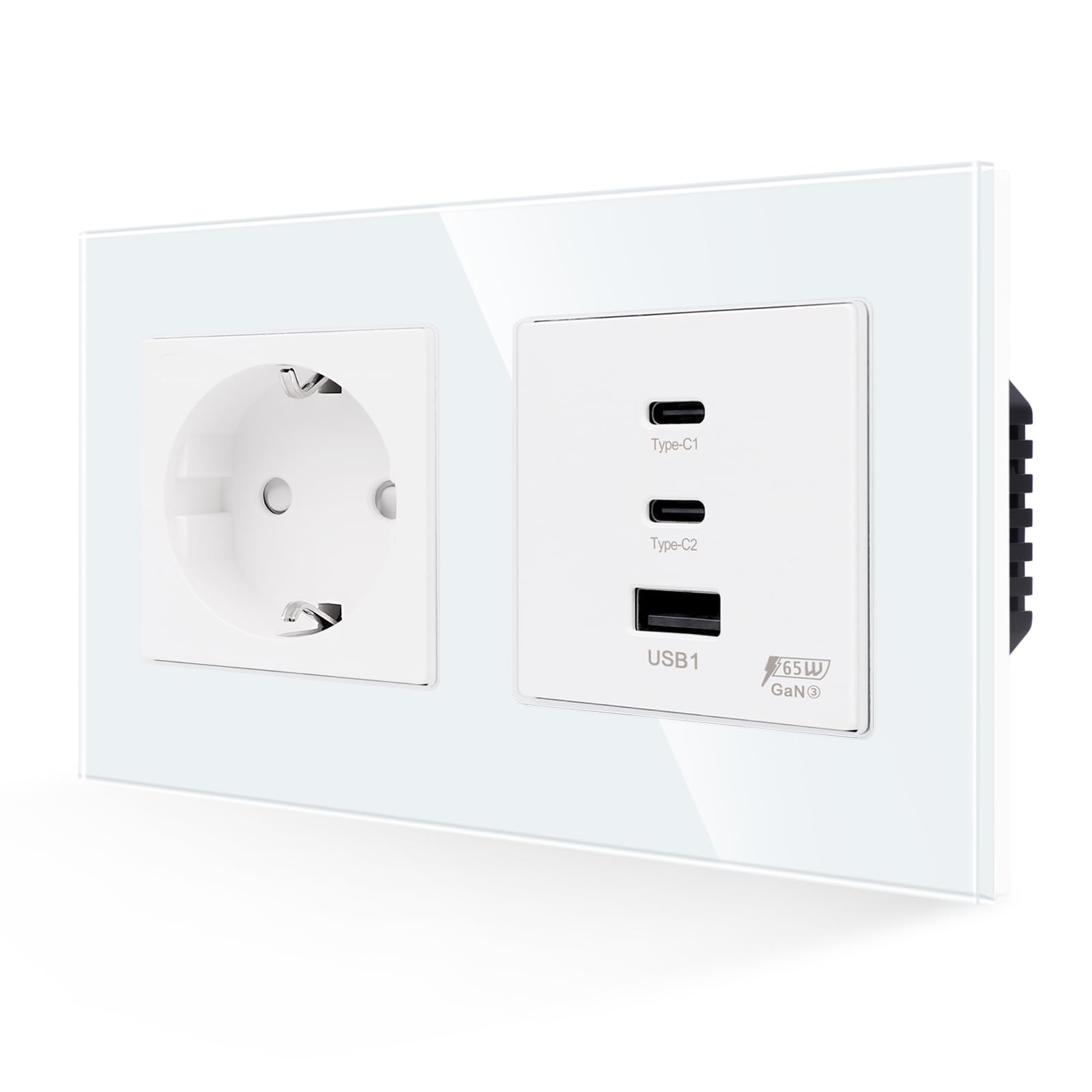 JIMEIDA Prise Schuko en verre avec USB C 65 W Charge rapide, blanc, prises Schuko avec 1 port USB-A, 2 ports de type C, encastrées 157 mm, 16 A, 250 V