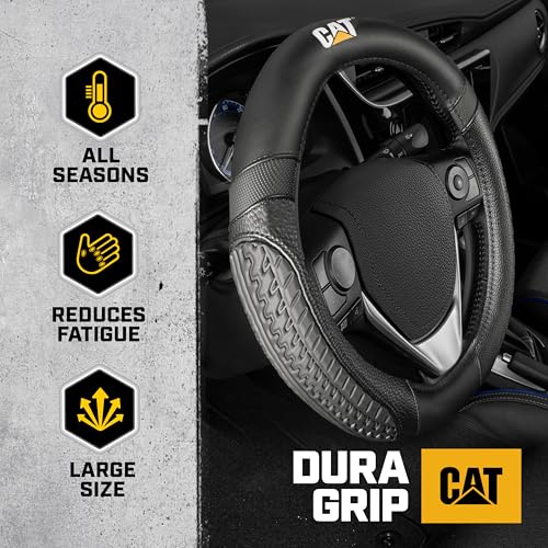 CAT® DuraGrip Car Steering Wheel Cover, Black Tire Tread Traction Design, Auto Steering Wheel Cover for Cars Trucks Vans SUVs, Improve Grip and Control, Durable Comfortable - Large 15"-16" Inches by CAT - Used condition - Image 2
