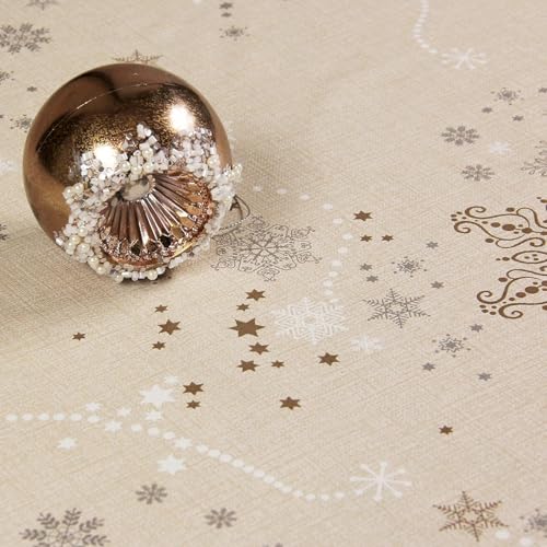 KP HOME Natale Tovaglia Plastificata Rettangolare 200x140cm - Crema Tovaglia Cerata Per Tavolo Da 6 Posti, Interni Ed Esterni, Pvc Facile Da Pulire, Impermeabile, Con Fiocchi Neve Dorati E Bianchi - immagine 6