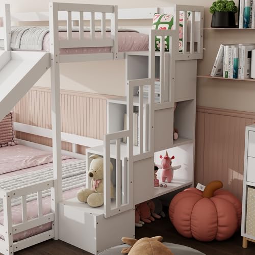 Image of YOPTO Twin Over Full Bunk Bed with Slide,Storage Staircase & Safety Guardrails,Wooden Bunk Bed w /Slat Support,Space Saving,Bedframe Furniture for Student Dorms,Studio,White