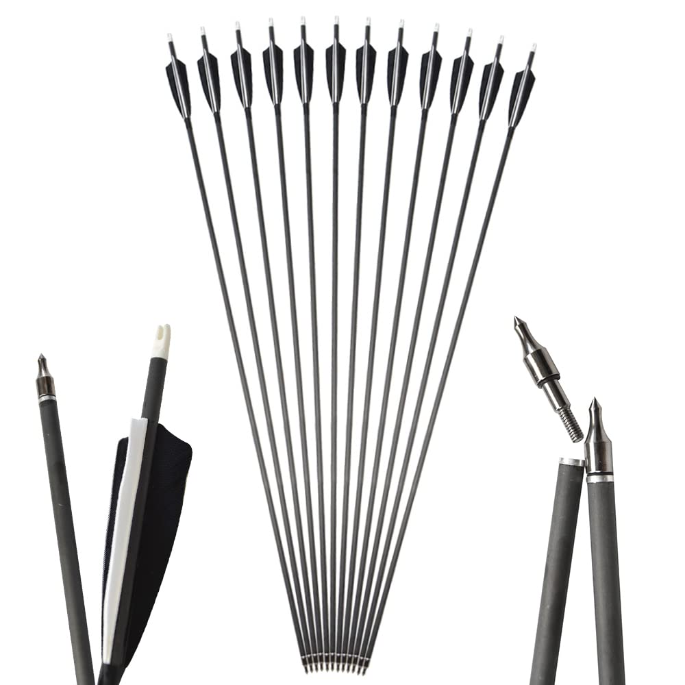 6/12 Piezas 34" Flechas de Carbono de Tiro con Arco Spine 500 Flecha de Objetivo de Caza con Puntas Roscadas 100 Grain para Compuesto Arco Recurvo