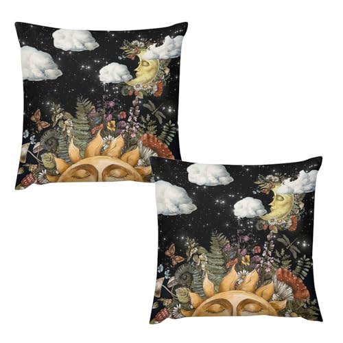 Sun Moon Throw Pillow Cover Celestial Bodies Gold Stars Cloud Mushroom Mandala Plush Warm Cozy Cushion Cases Couch Bedroom Sofa Recliner Car Chair Living Room 20x20in