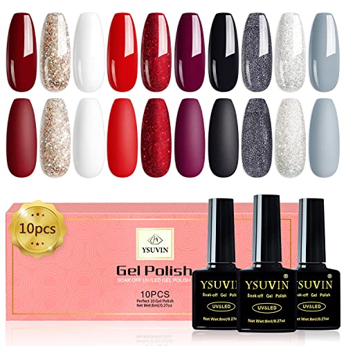 Yueshop Gel Nail Polish Set,10PCS Red Black Grey Silver White Gold Glitter Gel Nail Varnish Sets for Women,Gel Polish Soak-Off UV/LED Lamp for All Seasons Art Nail 8ml