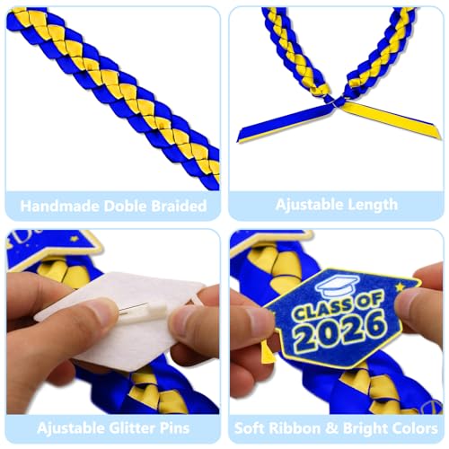 Image of Graduation Leis Class of 2026 Decorations, Handmade Double Braided Graduation Ribbon Leis with Glitter Pins for Him Her High School College Congrats Party Supplies (Blue & Gold)