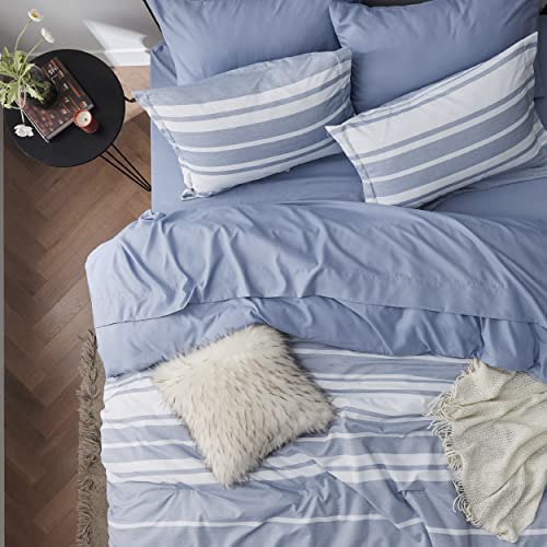 Image of Bedsure Twin Comforter Set 5 Pieces, Blue Striped Bedding Set for All Seasons, Reversible, Cationic Dyeing Bed in a Bag with Comforter, Sheets, Pillowcase & Sham