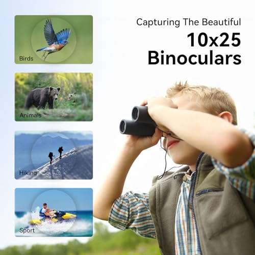 Image of 10x25 Compact Binoculars for Kids Adults, 101 to 1000m Vision Easy Focus Telescope Only 164g Waterproof FMC Multilayer Small Binoculars Toy for Bird Watching Outdoor Travel Sports with Neck String