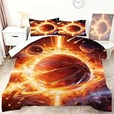 VTKON Basketball and Fire Bedding Set Full/Queen Size Boys Cosmic Basketball Print Comforter Set for Kids Teens Sports Themed Bed Set Orange Space Balls Quilt Set with 1 Comforter + 2 Pillowcases