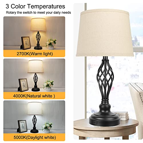 Partphoner Set Of 2 Table Lamps With Usb Port, Farmhouse Bedside Lamps With 3-Color Temperature, Nightstand Lamp Large Cream Drum Shade Spiral Cage Base Desk Lamps For Living Room, Home Bedroom #TOP1