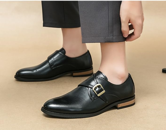 Men's Business Casual Dress Oxford Shoes,Comfort Slip on Dress Loafers Monk Strap,Vintage Fashion Pointed Toe Buckle Chunky Formal Leather Shoes4