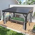 10'x12' Hardtop Wall Mounted Gazebo, Lean to Gazebo with Aluminum Frame, Galvanized Steel Roof Wall Gazebos Pergola with Curtains and Netting for Patio,Decks, Garden and Lawn