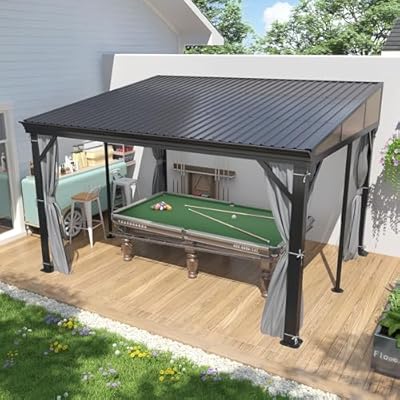 10'x12' Hardtop Wall Mounted Gazebo, Lean to Gazebo with Aluminum Frame, Galvanized Steel Roof Wall Gazebos Pergola with Curtains and Netting for Patio,Decks, Garden and Lawn