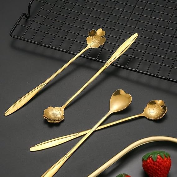 Image of Golden Spoon Set /Coffee Spoon /Dessert Spoons /Cutlery Kitchen Tableware /Stainless Steel Gold Different Shape Coffee Spoons, Set of 4 Pcs,24 Centimeter