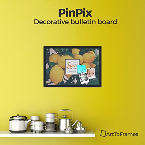 PinPix Decorative pin Cork Bulletin Board Made from Canvas, Recipe Board with Lemon Tree Printed at 24x16 Inches and Framed in Satin Black (PinPix-Group-36)
