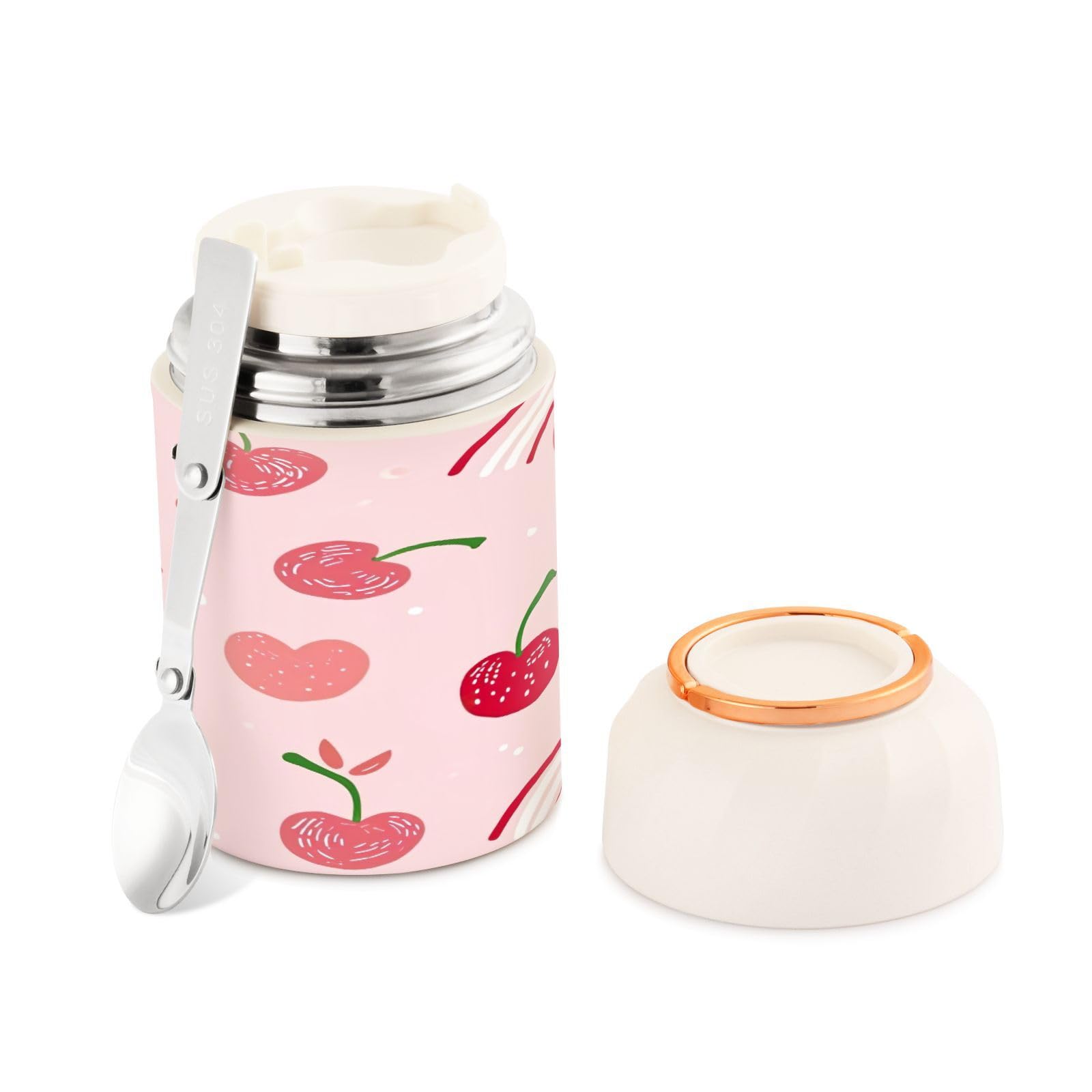 Ewusp Cherry Rainbow Food Flask for Adults 500ml Stainless Steel Double Walled Vacuum Insulated Food Jar with Folding Spoon BPA Free Leakproof Food Container for Hot Food Soup