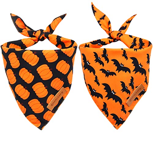 Realeaf Halloween Dog Bandana 2 Pack - Pumpkin Fall Scarf for Boys and Girls, Premium Durable Fabric, Orange Holiday Accessory for Small and Medium Dogs (Small)
