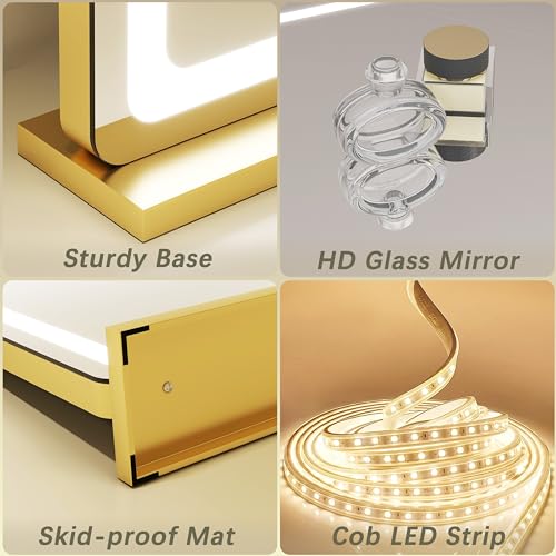 Gold Vanity Mirror with Lights, 32" x 22" Large Lighted Vanity Mirror with Dimmable 3 Modes, LED Makeup Mirror, USB Charging Port, Tabletop or Wall-Mounted
