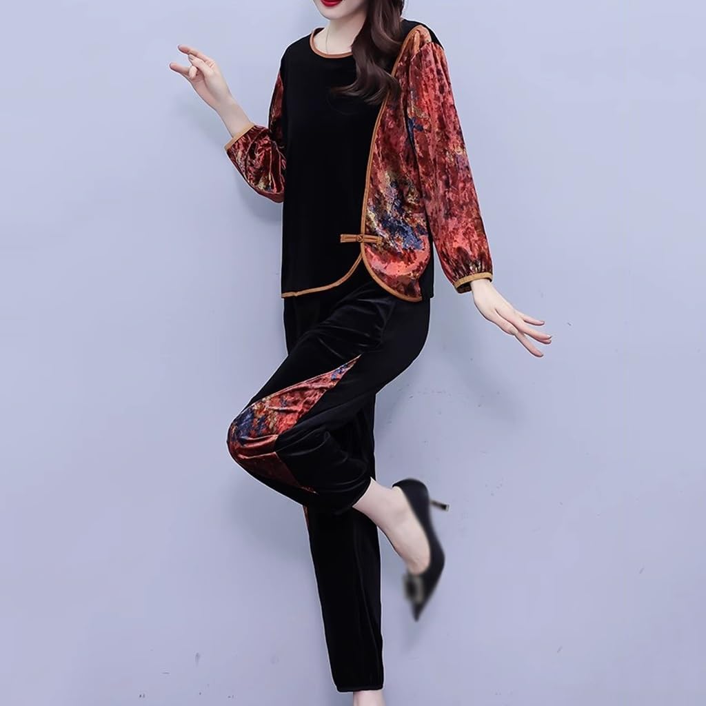 Gold Velvet Suit Women, Spring Autumn Large Size Slimming Two-Piece Set(XXXXXL Code)