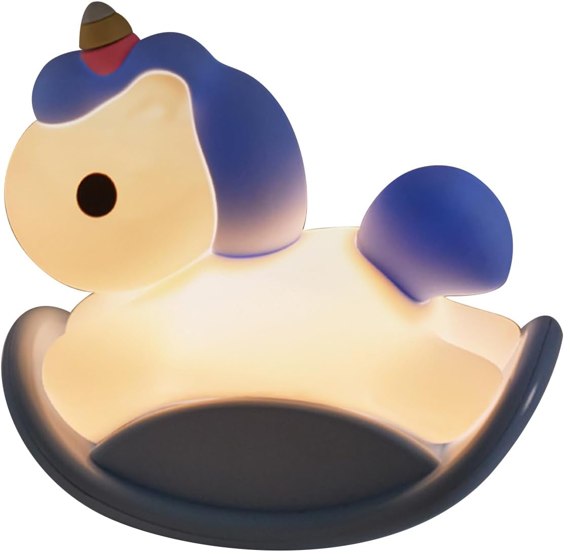 Cute Rocking Horse Night Light for Kids -Silicone Rechargeable LED Nursery Lamp, Adjustable Lighting, auto-shutoff Timer, Gentle Glow for Girls and Boys, Perfect Bedside Companion -Blue