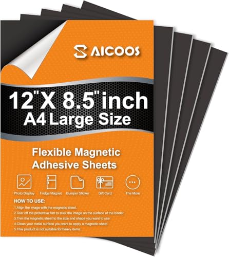 Magnetic Sheets with Adhesive Backing - Easy to Cut Magnet Sheet for Photos, Stickers, Die Storage - A4 Large Size (12' x 8.5') - Extra Strong and Durable Displate Magnets for Fridge, Cabinets (4Pcs)