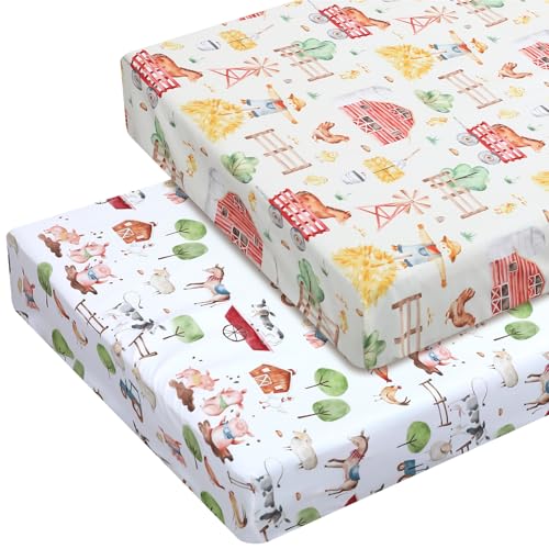 Mindsoft 2 Pcs Farm Animal Crib Sheet Set 52 x 28 x 8 Inches Baby Sheet Newborn Bedding Nursery Crib Sheets for Girl Boys Baby Gifts for Toddler...