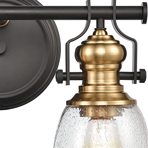 Image of Elk Home Chadwick 2-Light Industrial Vanity Wall Sconce - Oil Rubbed Bronze & Antique Brass, Seeded Glass Shade, 14 Inch Wide
