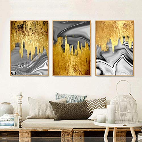Tirages d'art abstrait premium et affiches sur toile dorée 3 panneaux