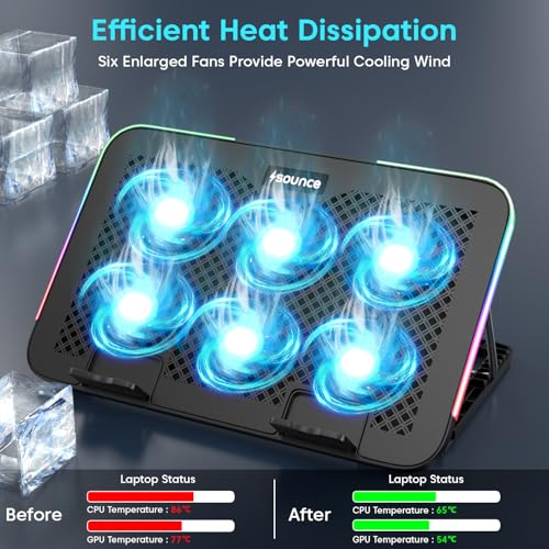 Image of Sounce Snowstorm Pro Laptop Cooling Pad | 6 High-Speed Fans | 7 RGB Modes | Adjustable Height | Quiet 1800-2400 RPM Operation | Dual USB Ports | Fits Laptops up to 17.3 Inches