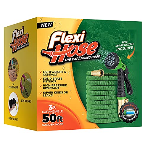 Flexi Hose Upgraded Extendable Garden Hose Pipe - 8 Function Spray Gun - Extra Strength & Solid Brass Fittings - No-Kink Flexible Water Hose for Spring/Summer (Green, 15 Metres)