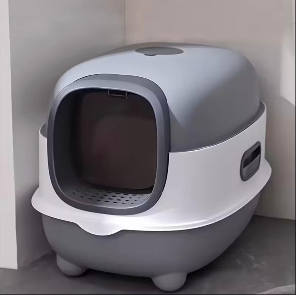 Grey Enclosed Cat Litter Box with Drawer, Grey and White, Odorless and Leak-Proof, Indoor/Outdoor Use, Includes Scoop