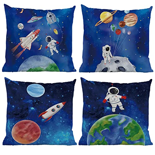 Watercolor Spaceman And Earth Solar System Planets And Rockets 18''X18'' Set Of 4 Throw Pillow Case Decorative Home Bedroom Kid’s Room Cushion Cover,Sofa Bed Couch Decor,Boys Kids Teenage Gift #TOP23