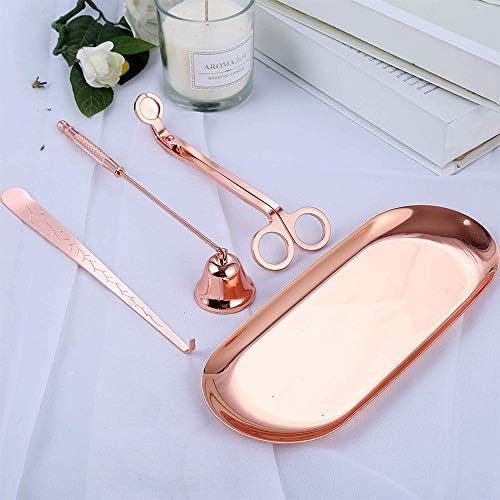 Candle Accessory Set, 4Pcs Candle Care Tools Includes Candle Wick Trimmer, Candle Wick Dipper, Candle Wick Snuffer and Storage Tray Plate for Candle Lovers (Rose Gold)
