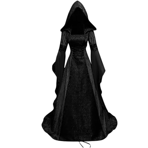 tuduoms Womens Medieval Witch Cosplay Dress Gothic Hooded Floor Length Victorian Dress Vintage Renaissance Halloween Costumes - XX-Large - Black