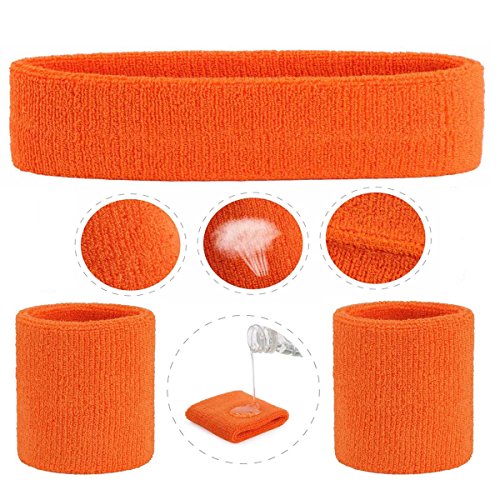Image of ONUPGO Orange Sweatband Set Sports Headband Wrist Striped Sweatbands Terry Cloth Wristband Athletic Exercise Basketball Wrist Sweatband and Headbands Moisture Wicking Sweat Absorbing Head Band