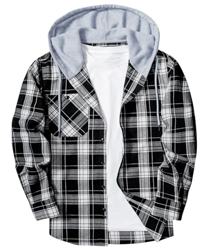 Image of Hooded Flannel Shirts for Men Plaid Long Sleeve Flannel Jacket Hoodies