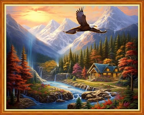 Image of Dooxvey Cross Stitch Kits for Adults Beginners,Full Range of Cross-Stitch Stamped Kits Needlepoint Kits for Beginners Embroidery Kits 11CT Cross Stitch Patterns-Eagle Scenery 16x20 inch